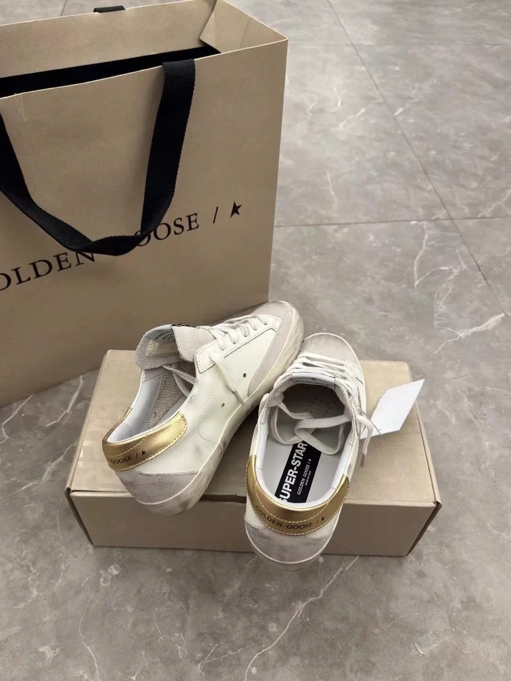 Golden Goose White Leather Sneakers with Gold Heel and Gray Star